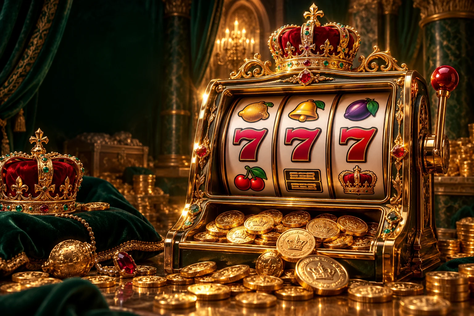 Original Crown Coins-inspired artwork showing a royal gold three-reel slot machine with red sevens, bars, fruit and coin symbols