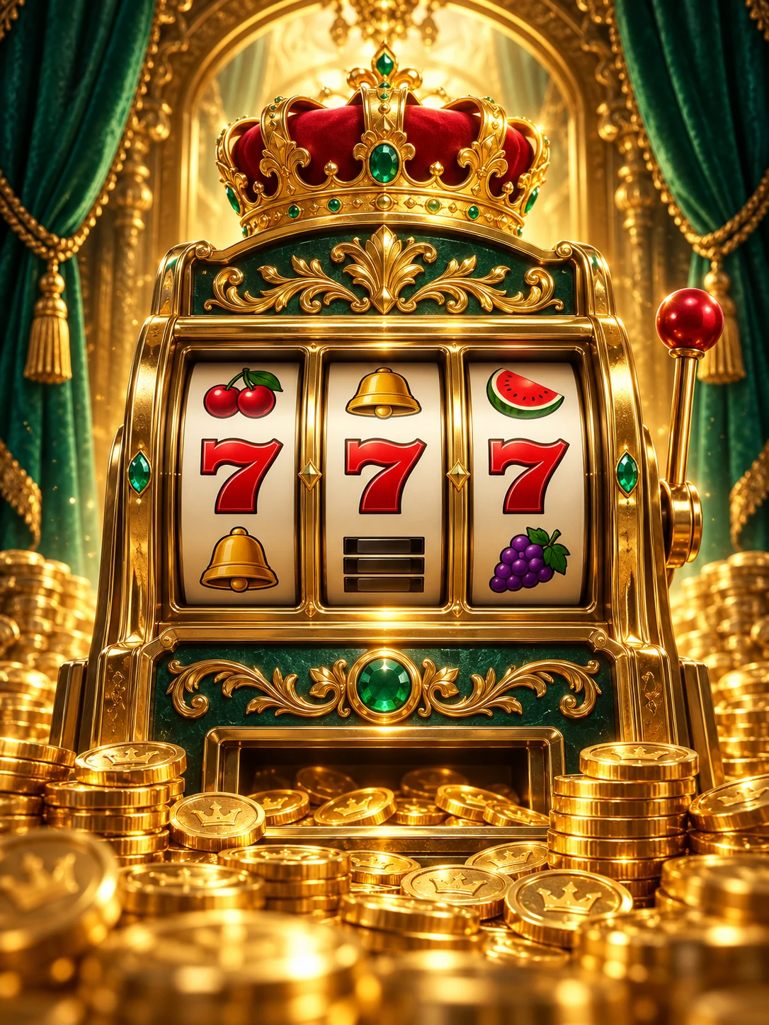 Original portrait artwork of Crown Coins-style three-reel machine, crown, golden coins and classic fruit symbols
