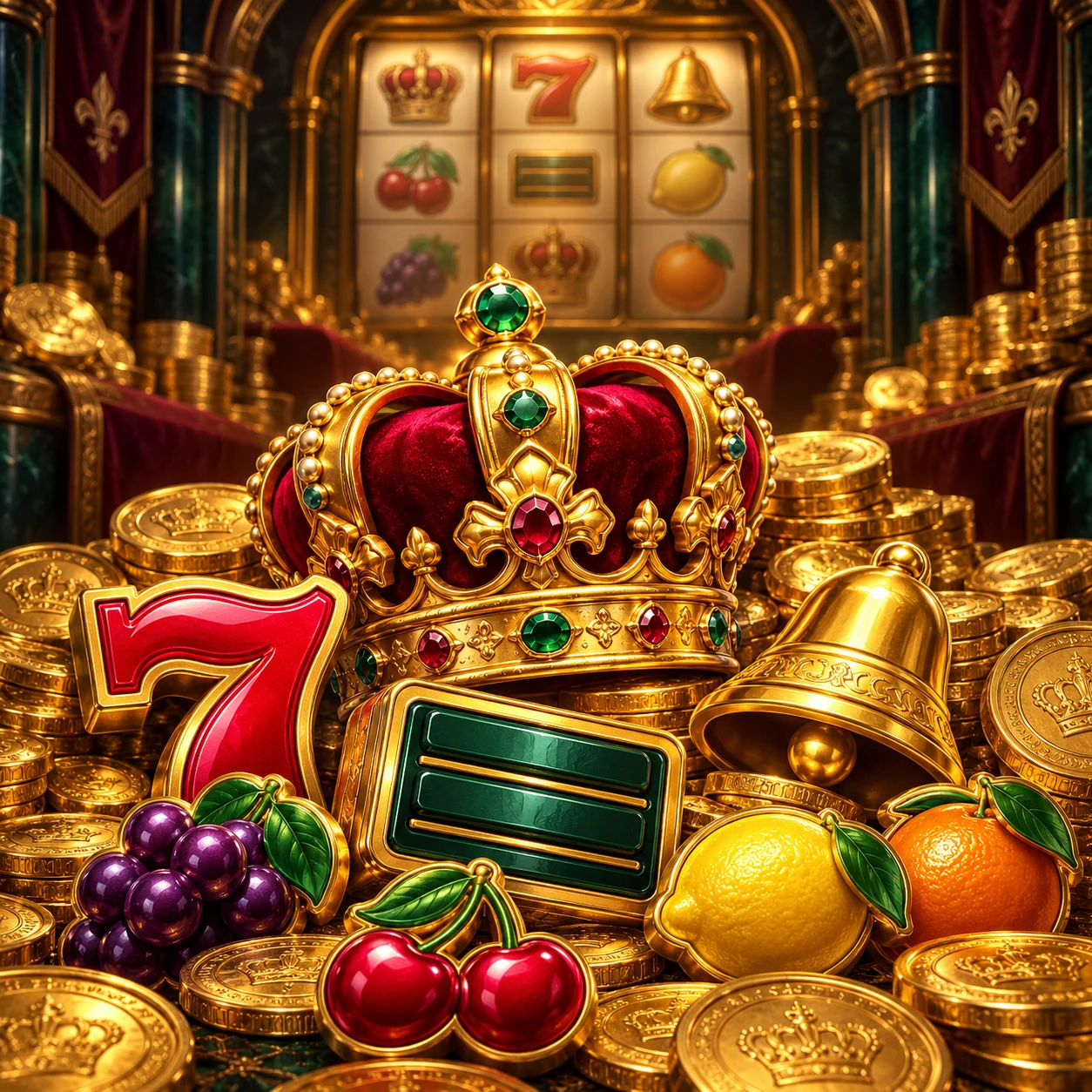 Original close-up illustration of a jeweled crown, golden slot coins, a red seven, BAR plaque, bell and fruit symbols